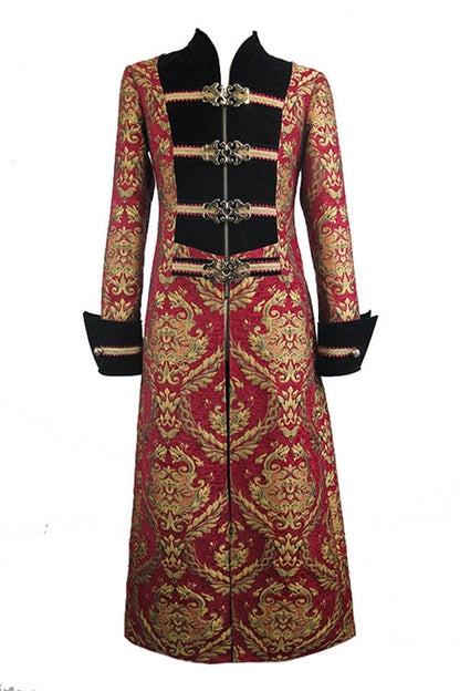 Pirate Style Red And Gold Jacquard Gothic Mens Long Coat
