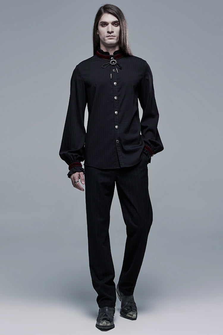 Black/Red Gothic High Collar Front Retro Metal Button Lantern Sleeve Men's Shirt