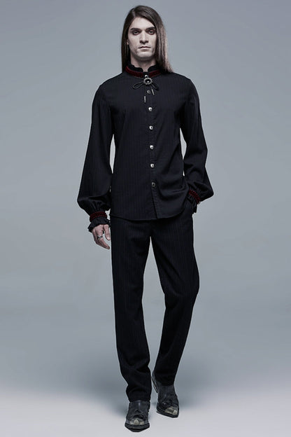 Black/Red Gothic High Collar Front Retro Metal Button Lantern Sleeve Men's Shirt