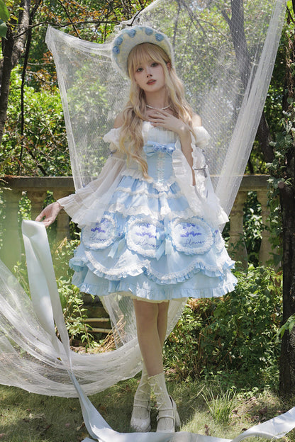 Blue [Butterfly Dream] Multi-Layered Print Ruffle Bowknot Sweet Princess Lolita Jsk Dress