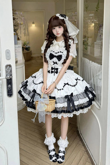 Black/White [Scarlet Heart Cocoa] Sleeveless Triple-Layered Ruffle Embroidery Bowknot Lace Sweet Lolita Jsk Dress