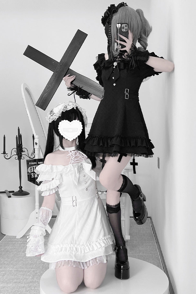 Black/White Halterneck Short Sleeves Ruffle Bowknot Lace Jirai Kei Japanese Dress 2 Colors