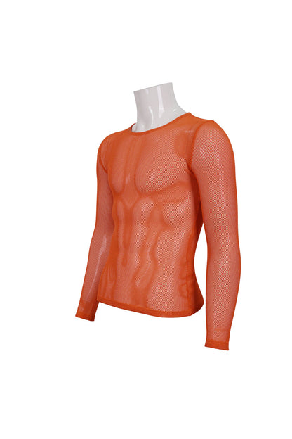 Orange Elasticity High Neck Long Sleeve Mesh Men's Gothic T-Shirt