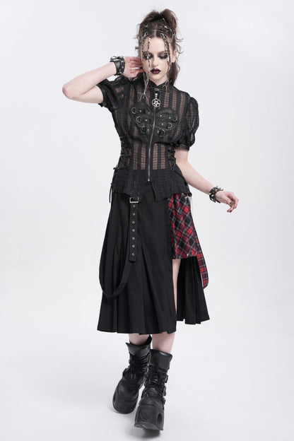 Black Stand Collar Short Puff Sleeves Sheer Mesh Women's Gothic Blouse