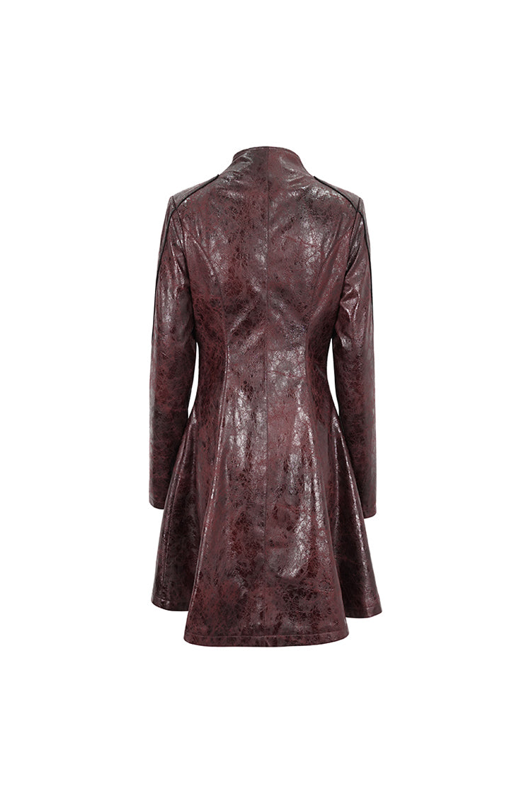 Red Double Buckle Faux Leather Long Women's Punk Coat