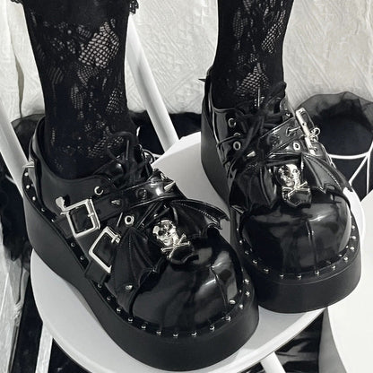 Glossy Black Punk Gothic Little Demon Bat Skull Cross Strap Platform Shoes