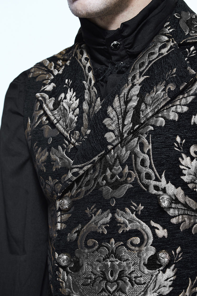 Black/Silver Palace Short Big Jacquard Pattern Men's  Gothic Waistcoat
