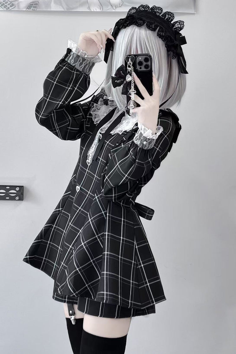 Black/White [Heart-beating Limited] Long Sleeves Plaid Print Print Bowknot Lace Gothic Jirai Kei Dress Set