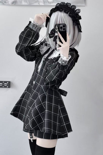 Black/White [Heart-beating Limited] Long Sleeves Plaid Print Print Bowknot Lace Gothic Jirai Kei Dress Set