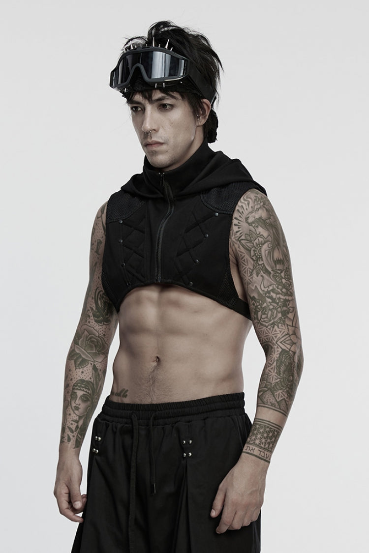 Black Stand Collar Sleeveless Hooded Zippered Men's Punk Vest