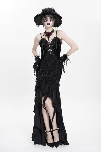 Black Sleeveless Cross Ruffled Floral Embroidered Chain-Decorated Women's Gothic Long Slip Dress