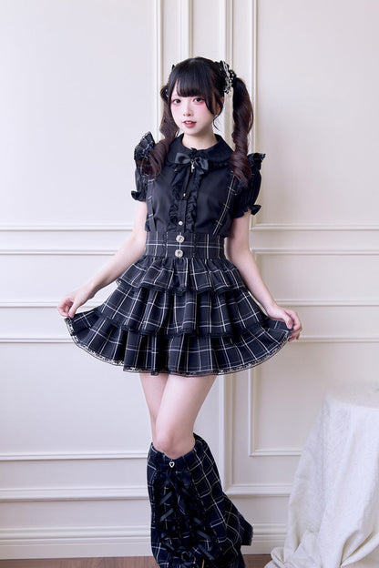 Black Triple-Layered Plaid Print Ruffle Gothic Jirai Kei Japanese Strap Dress