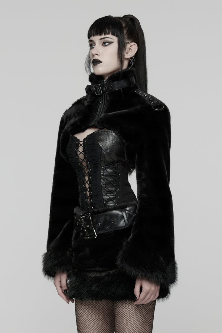 Black Stand Collar Long Sleeves Buckle Straps Faux Fur Women's Punk Short Cloak