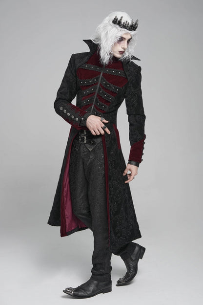 Black/Red Diamante Stand Collar Long Sleeves Printed Zippered Men's Gothic Long Coat