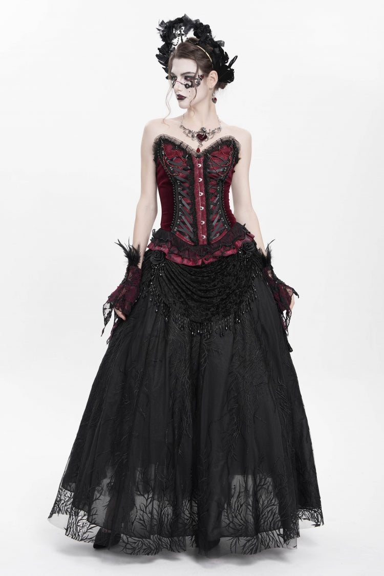 Red Sleeveless Beaded Lace Lace-Up Women's Gothic Overbust Corset