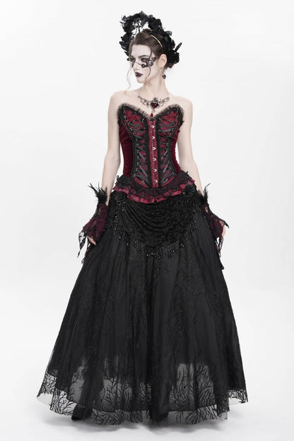 Red Sleeveless Beaded Lace Lace-Up Women's Gothic Overbust Corset