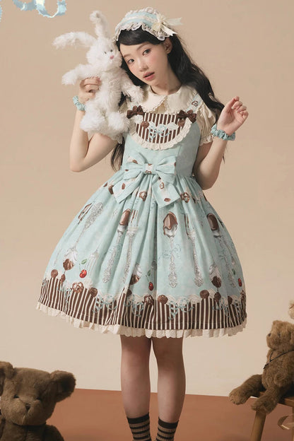 Blue/Green Sleeveless Print Bowknot Sweet Plus Size Lolita Jsk Dress
