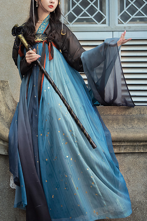 Black/Blue Hot Stamping Embroidered Ancient Flowy Classic Hanfu Dress Full Set