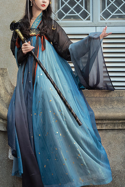Black/Blue Hot Stamping Embroidered Ancient Flowy Classic Hanfu Dress Full Set
