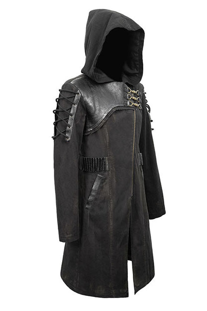 Brown Hooded Denim Tattered Long Mens Punk Coat