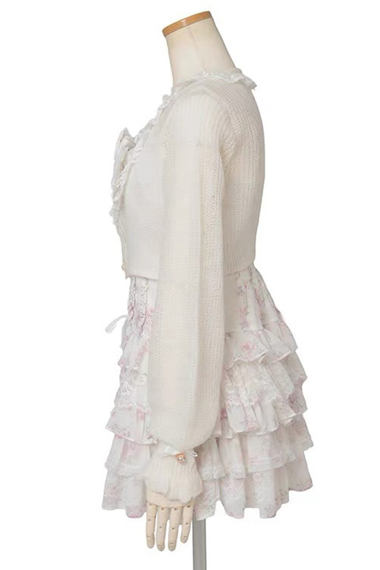 Jirai Kei Long Sleeves Multi-Layered Printed Ruffled Bow Sweet Dress 3 Colors