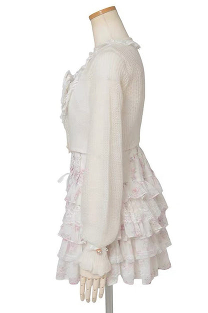 Jirai Kei Long Sleeves Multi-Layered Printed Ruffled Bow Sweet Dress 3 Colors