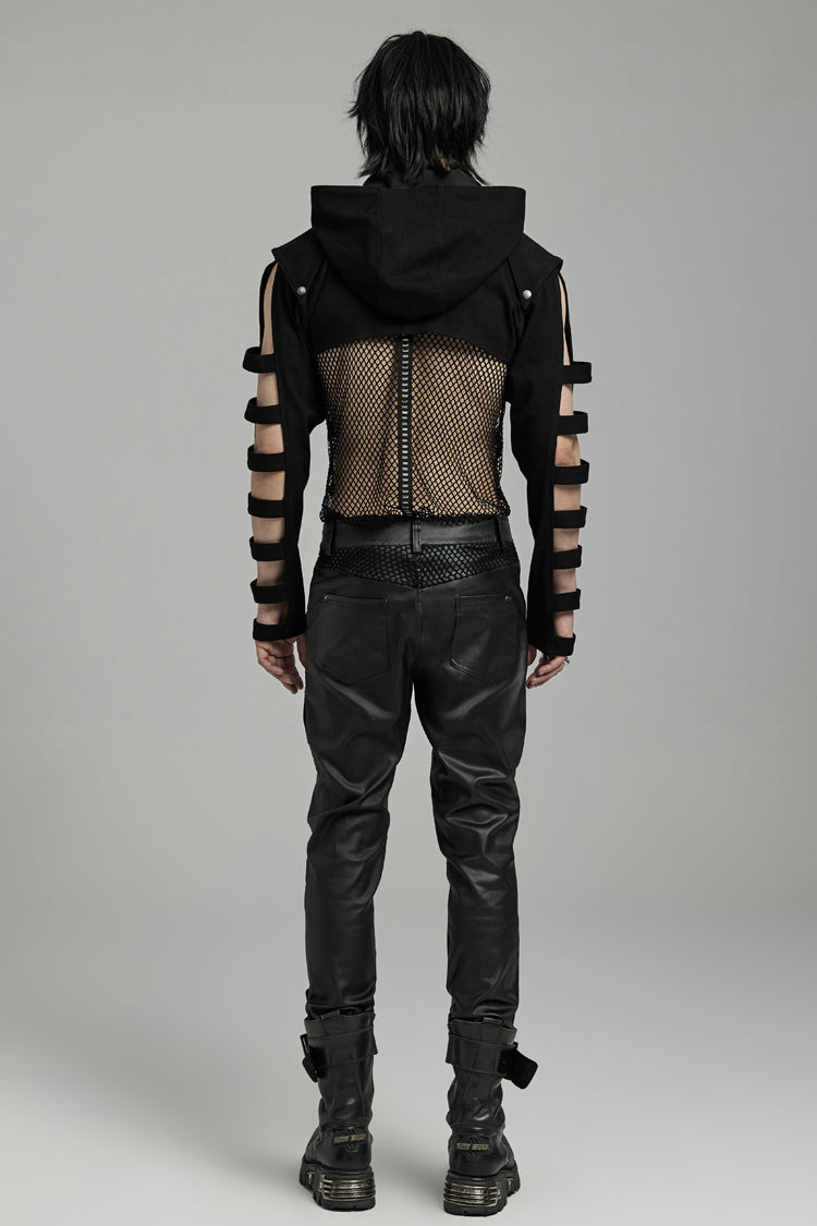 Black Stand Collar Hooded Cutout Men's Punk Jacket