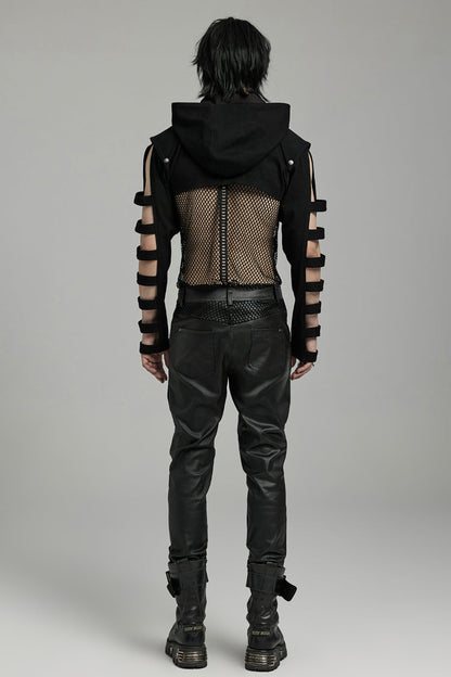 Black Stand Collar Hooded Cutout Men's Punk Jacket