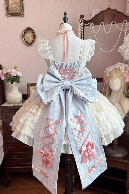 Blue [Rose Canticle] Sleeveless Multi-Layered Bowknot Lace Lace-Up Pearl Ballet Sweet Lolita Jsk Dress