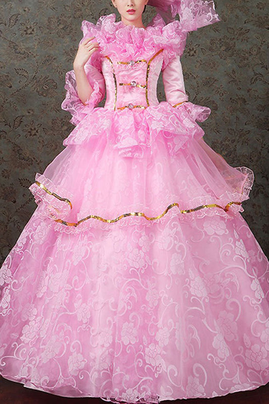 Half Sleeves Diamond Button High Waisted Hollow Embroidery Floral Print Multi-Layer Victorian Lolita Prom Dress