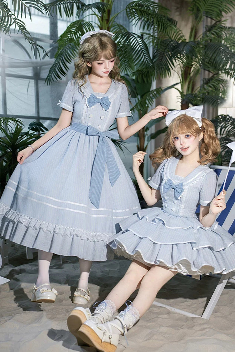 Blue [Seven Day Bell] Navy Collar Short Sleeves Printed Ruffled Bow Sweet Lolita Dress 2 Versions