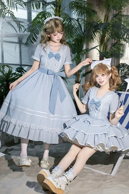 Blue [Seven Day Bell] Navy Collar Short Sleeves Printed Ruffled Bow Sweet Lolita Dress 2 Versions