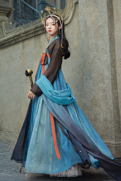 Black/Blue Hot Stamping Embroidered Ancient Flowy Classic Hanfu Dress Full Set
