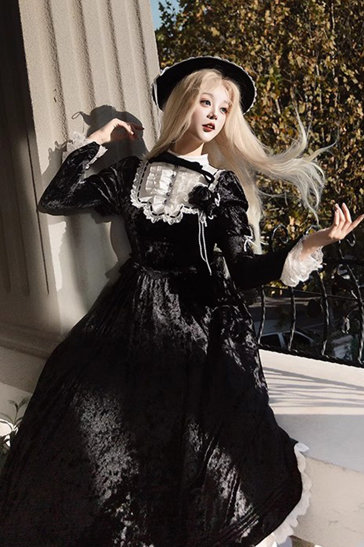 Black [Whispering Castle] Long Sleeves Ruffle Bowknot Lace Gothic Lolita Dress