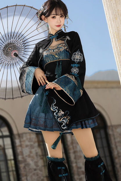 Black/Blue [Misty Teal] Long Sleeves Ruffled Cut-Out Embroidered Asymmetric Chinese Style Classic Lolita Jsk Dress Set