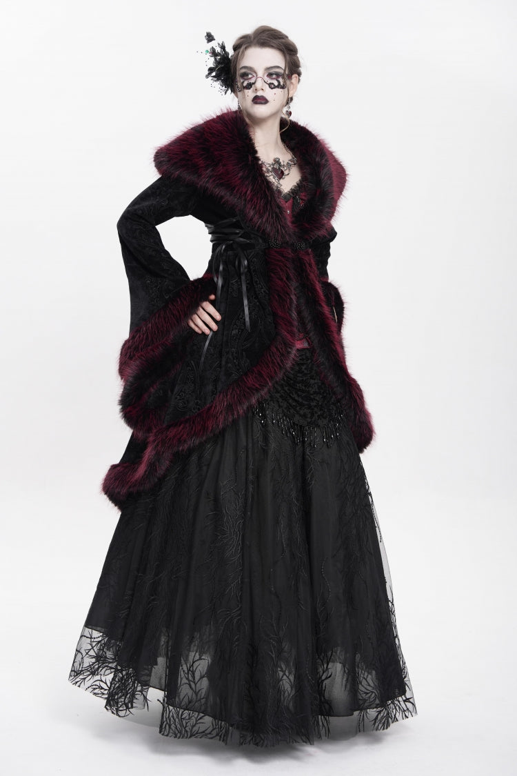 Red Long Sleeves Floral Embroidery Women's Gothic Fluffy Coat