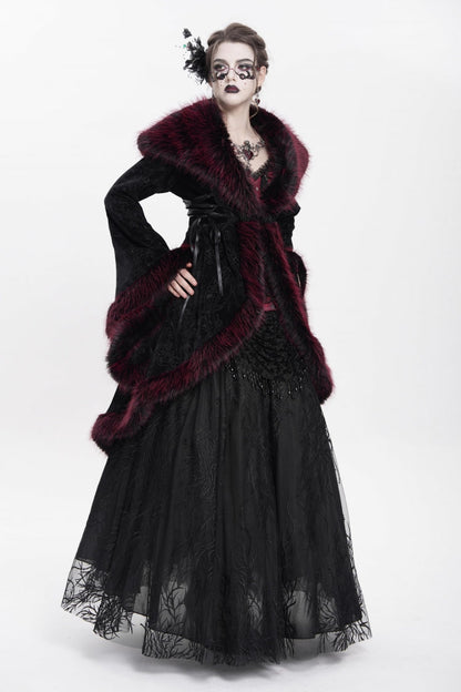 Red Long Sleeves Floral Embroidery Women's Gothic Fluffy Coat