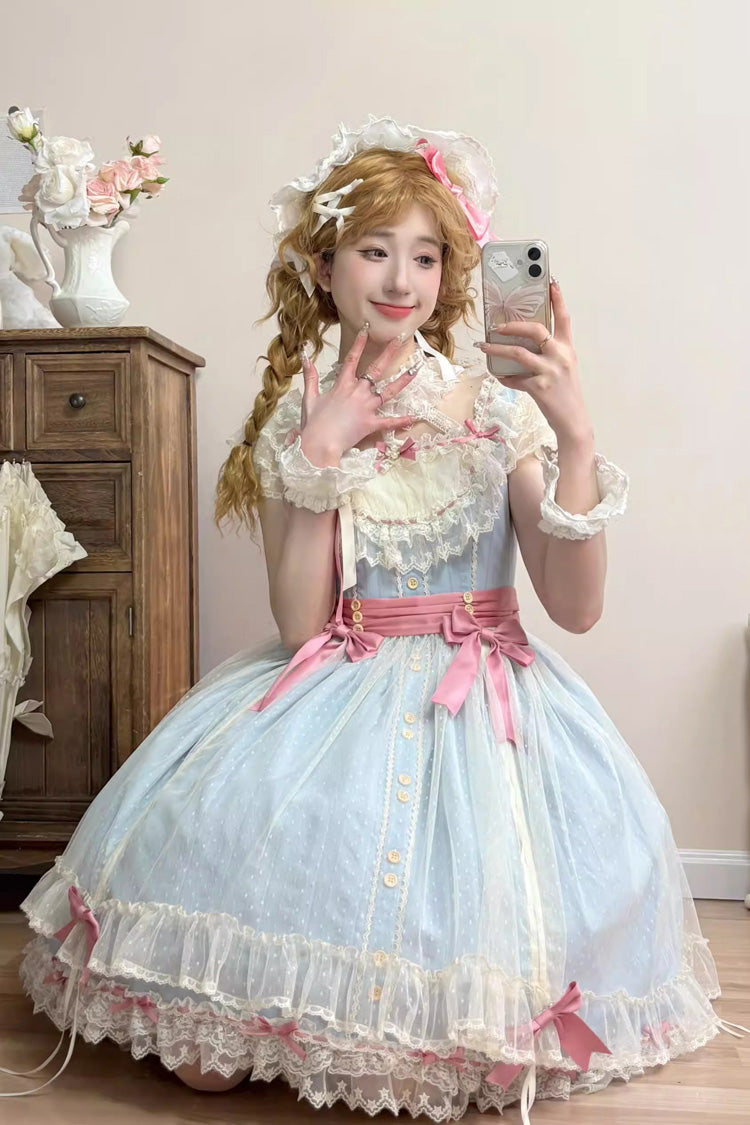 Blue [Sakura’s Spring Resonance] Sleeveless Ruffled Bow Sweet Lolita Jsk Dress (Short Version)