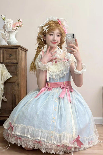 Blue [Sakura’s Spring Resonance] Sleeveless Ruffled Bow Sweet Lolita Jsk Dress (Short Version)