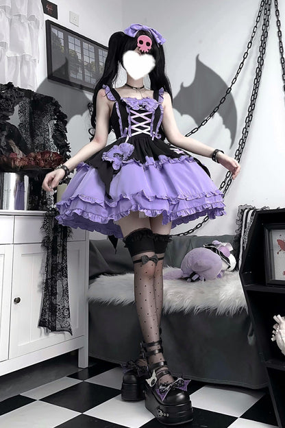 Black/Purple [Halloween Little Witch] Sleeveless Double-Layered Ruffle Bowknot Lace-Up Gothic Lolita Jsk Dress