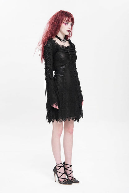 Black Square Collar Long Trumpet Sleeves Embroidered Lace-Up Women's Gothic Dress
