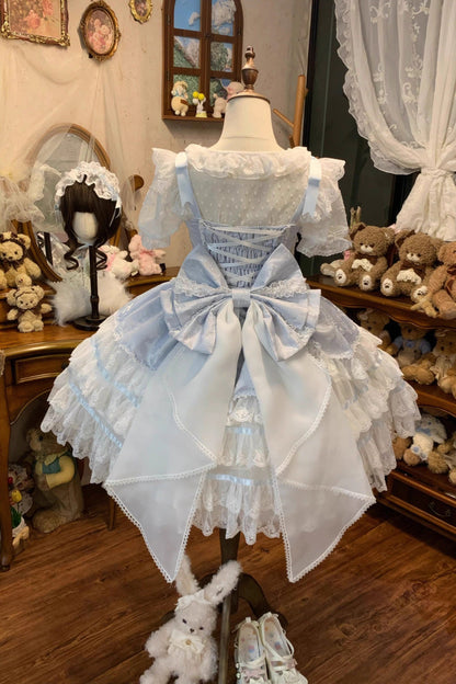 Blue [Snow Kissed Romance] Sleeveless High Waisted Multi-Layered Bowknot Lace Pearl Sweet Ballet Lolita Jsk Dress