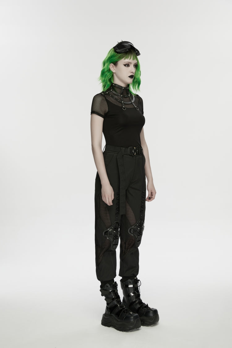 Black Stand Collar Short Sleeves Zippered Women's Punk Rivets&Eyelets T-Shirt