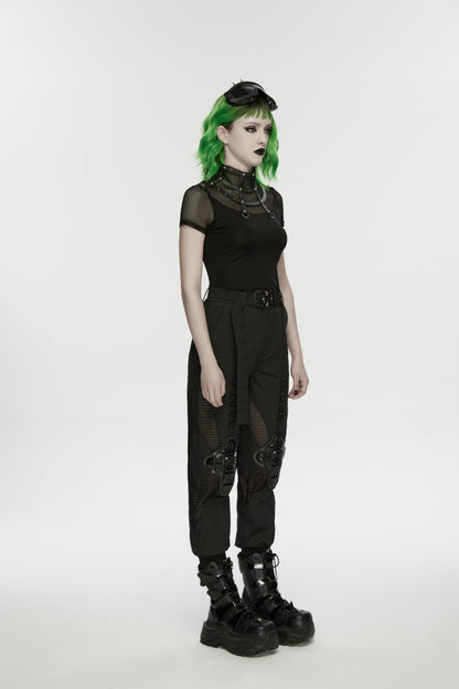 Black Stand Collar Short Sleeves Zippered Women's Punk Rivets&Eyelets T-Shirt