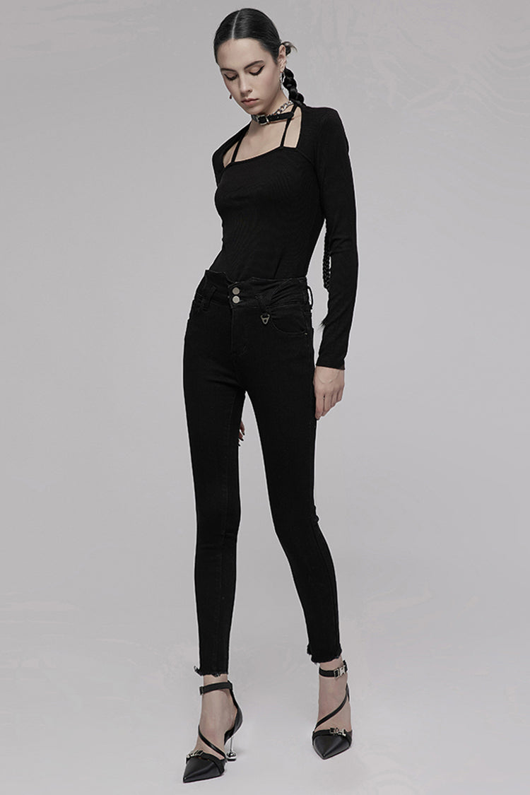 Black Triangular Metal Decorative Sheet Back Crossed Straps Tight Fit Punk Women's Denim Pants