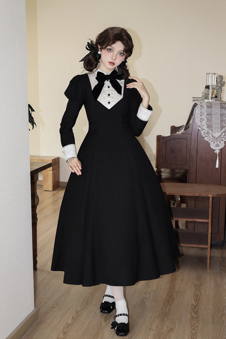 Black [Miss Donya] Stand Collar Long Sleeves Bow Gothic Elegant Lolita OP Dress