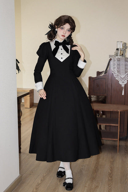 Black [Miss Donya] Stand Collar Long Sleeves Bow Gothic Elegant Lolita OP Dress