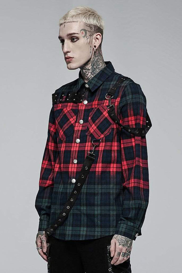 Red/Green Punk Plaid Simple Leather Loops Cotton asticity Men's Shirt