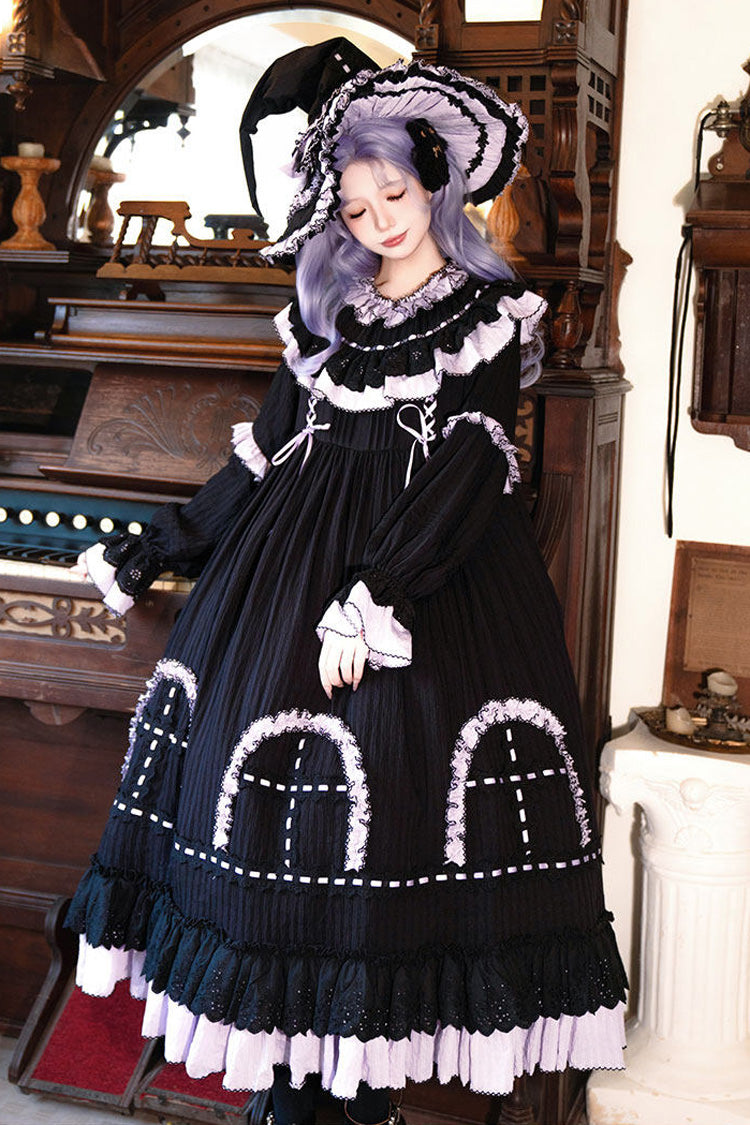 Black [Twin Lilian] Round Collar Long Sleeves Double-Layered Ruffled Bow Lace-Up Gothic Lolita Dress