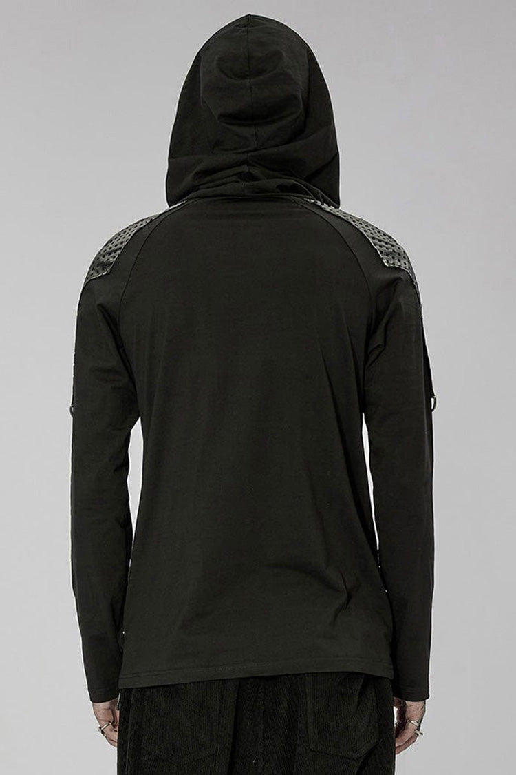 Black Punk Turtleneck Stretch Knit Panel Cutout Drawstring Hooded Men's T-Shirt